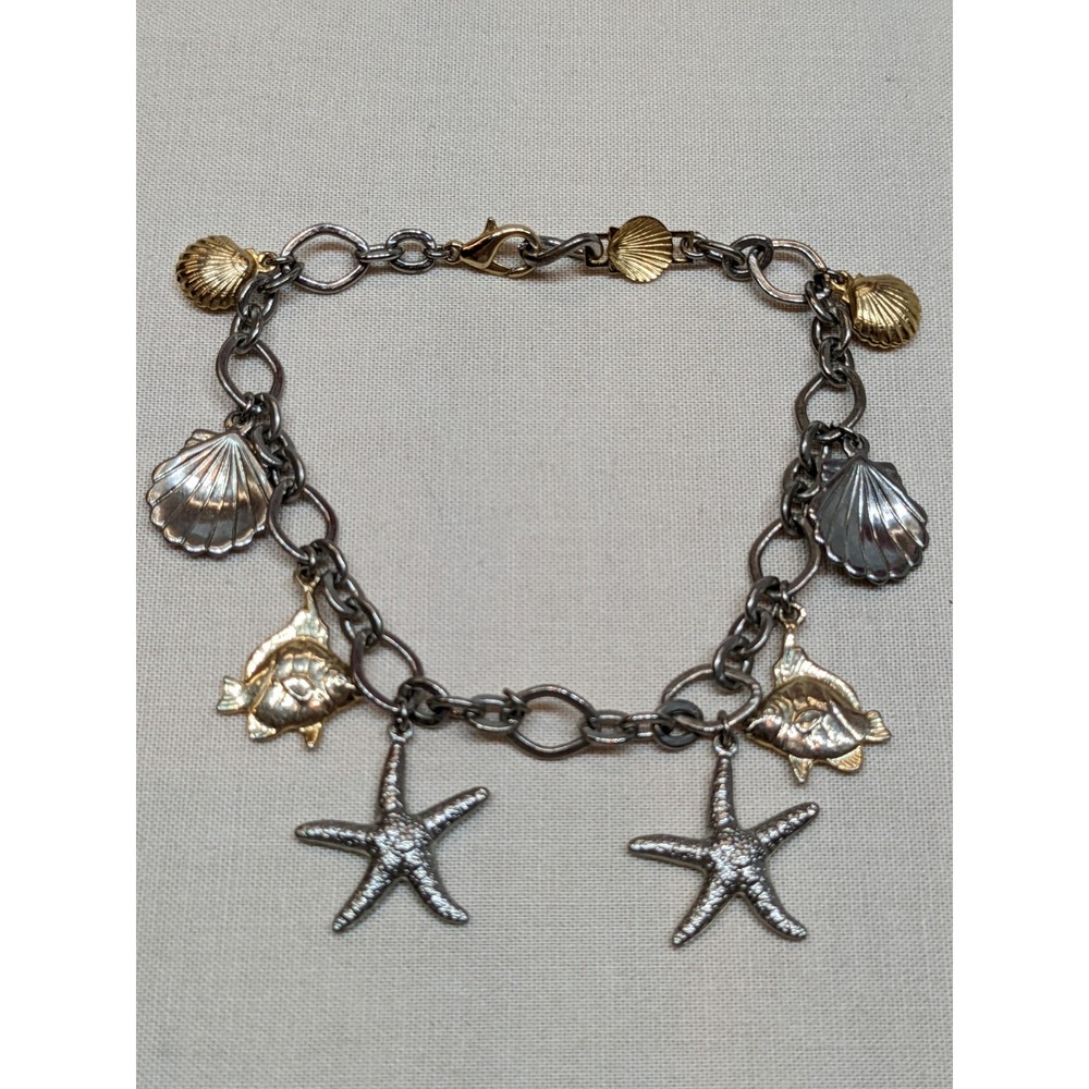 Vintage Nautical Charm Bracelet Silver Tone Sea Life Fish Shell Starfish ~8"